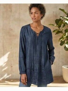 Coldwater Creek Women's Size PL Blue Denim Chambray Embroidered Modal Tunic Top